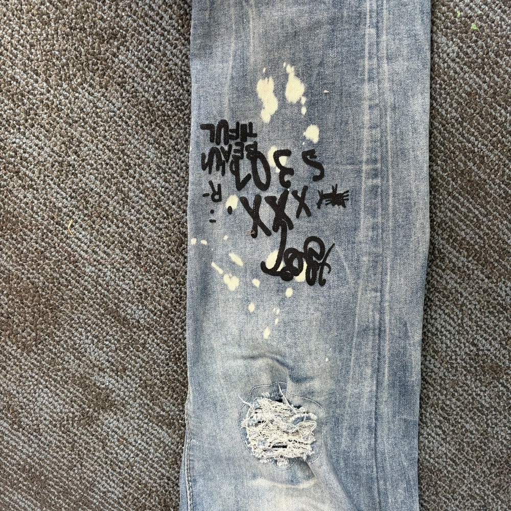 Bleecker & Mercer Mens Jeans 36x32 Skinny Fit Distressed Ripped Light Wash Blue - Picture 3 of 7